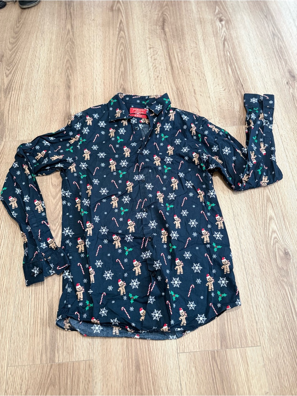 Primark Navy Blue Holiday Gingerbread Print Button-Down Shirt